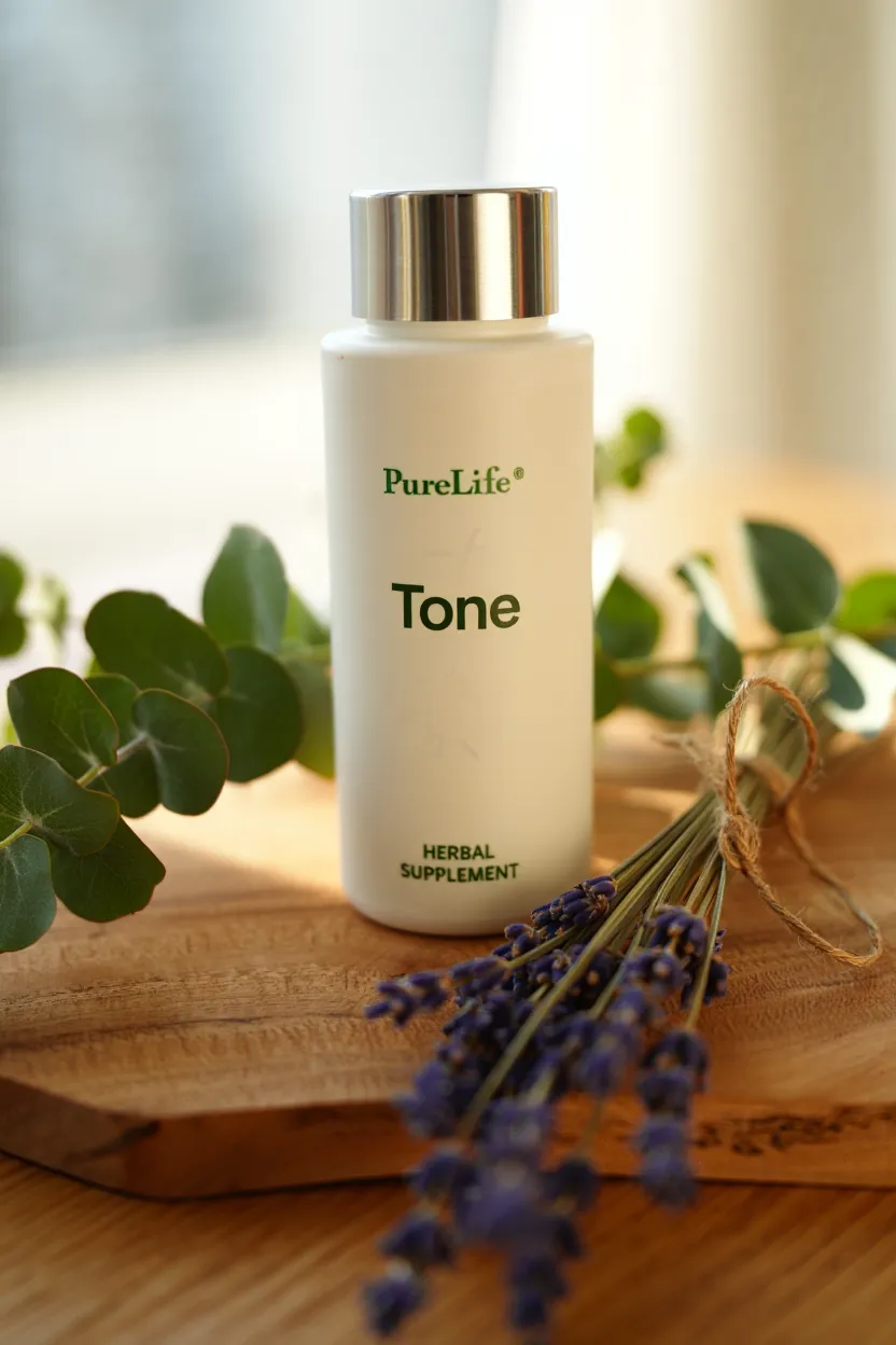 PureLife Tone supplement bottle with natural herbal ingredients displayed on wooden surface with green leaves